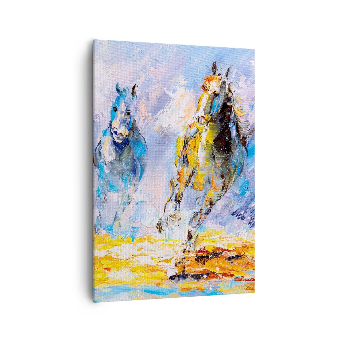Impression sur toile - Image sur toile - Deux chevaux en mouvement sur fond de paysage abstrait - 70x100cm - À travers l'éblouissement du galop - Décoration murale moderne pour le salon et la chambre ARTTOR