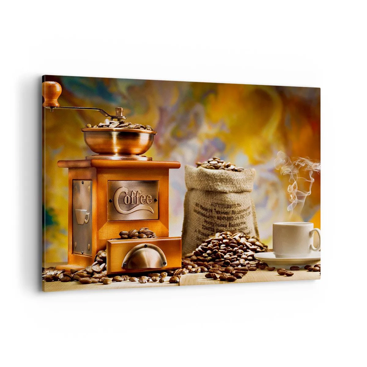 Impression sur toile - Image sur toile - Moulin à café avec des grains et une tasse en arrière-plan - 100x70cm - Le craquement des grains, le cliquetis d'un moulin - Décoration murale moderne pour le salon et la chambre ARTTOR