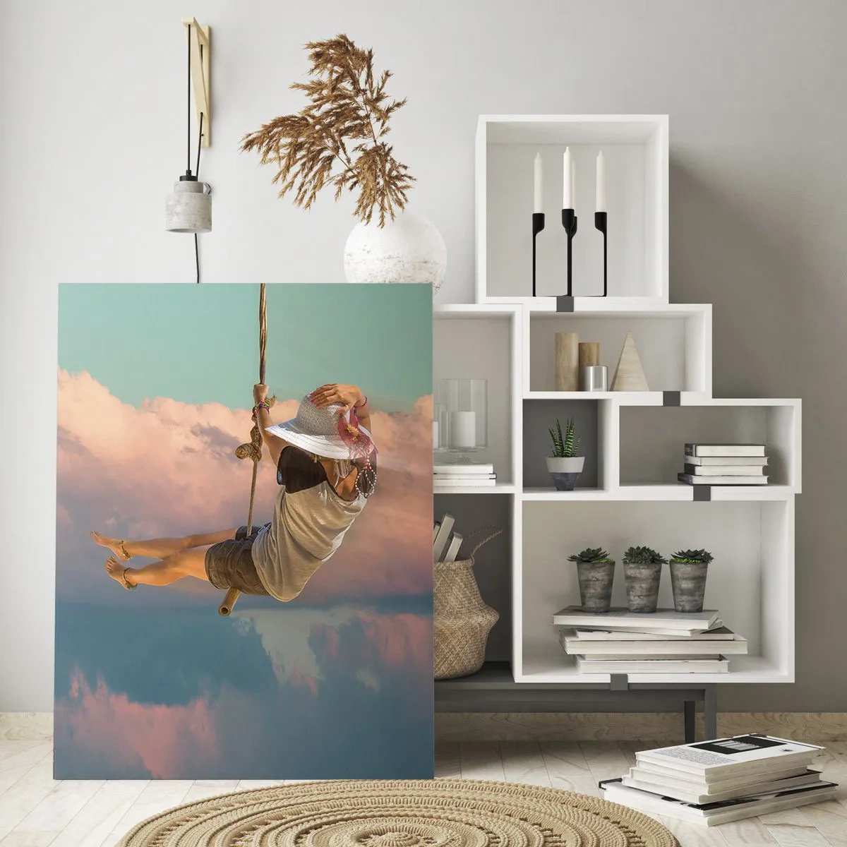 Impression sur verre - Image sur verre - Femme sur une balançoire parmi les nuages roses - 80x120cm - S'amuser dans les nuages - Décoration murale moderne pour le salon et la chambre ARTTOR