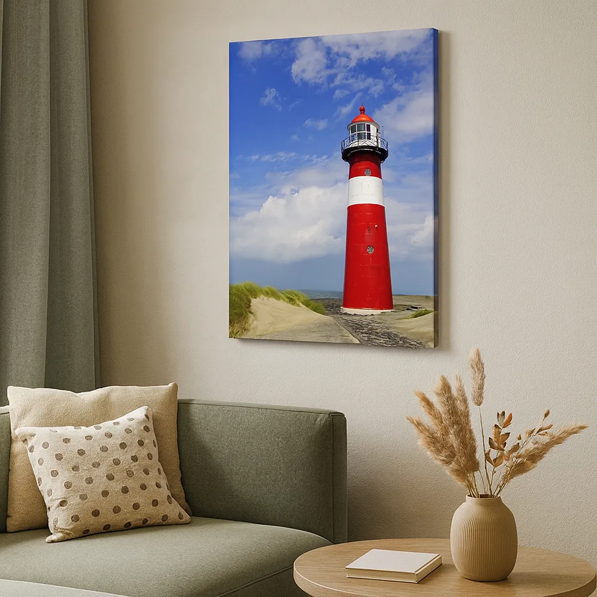 Impression sur toile - Image sur toile - Phare rouge sur la plage sous un ciel bleu - 50x70cm - Rêve de solitude - Décoration murale moderne pour le salon et la chambre ARTTOR