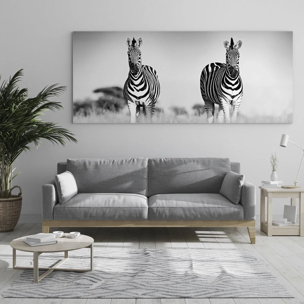 Impression sur verre - Image sur verre - Deux zèbres dans la savane dans un style monochrome - 140x50cm - Le monde est bel et bien noir et blanc - Décoration murale moderne pour le salon et la chambre ARTTOR