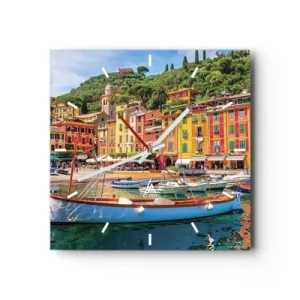 Horloge murale - Pendule murale - Maisons de ville colorées et bateaux dans une ville balnéaire italienne - 30x30cm - Matinée italienne - Décoration murale moderne pour le salon et la chambre ARTTOR