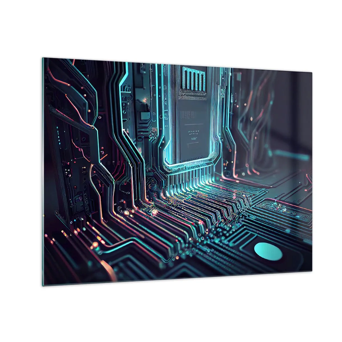 Impression sur verre - Image sur verre - Visualisation au néon des traces du processeur sur fond noir - 70x50cm - Je pense comme ça… - Décoration murale moderne pour le salon et la chambre ARTTOR