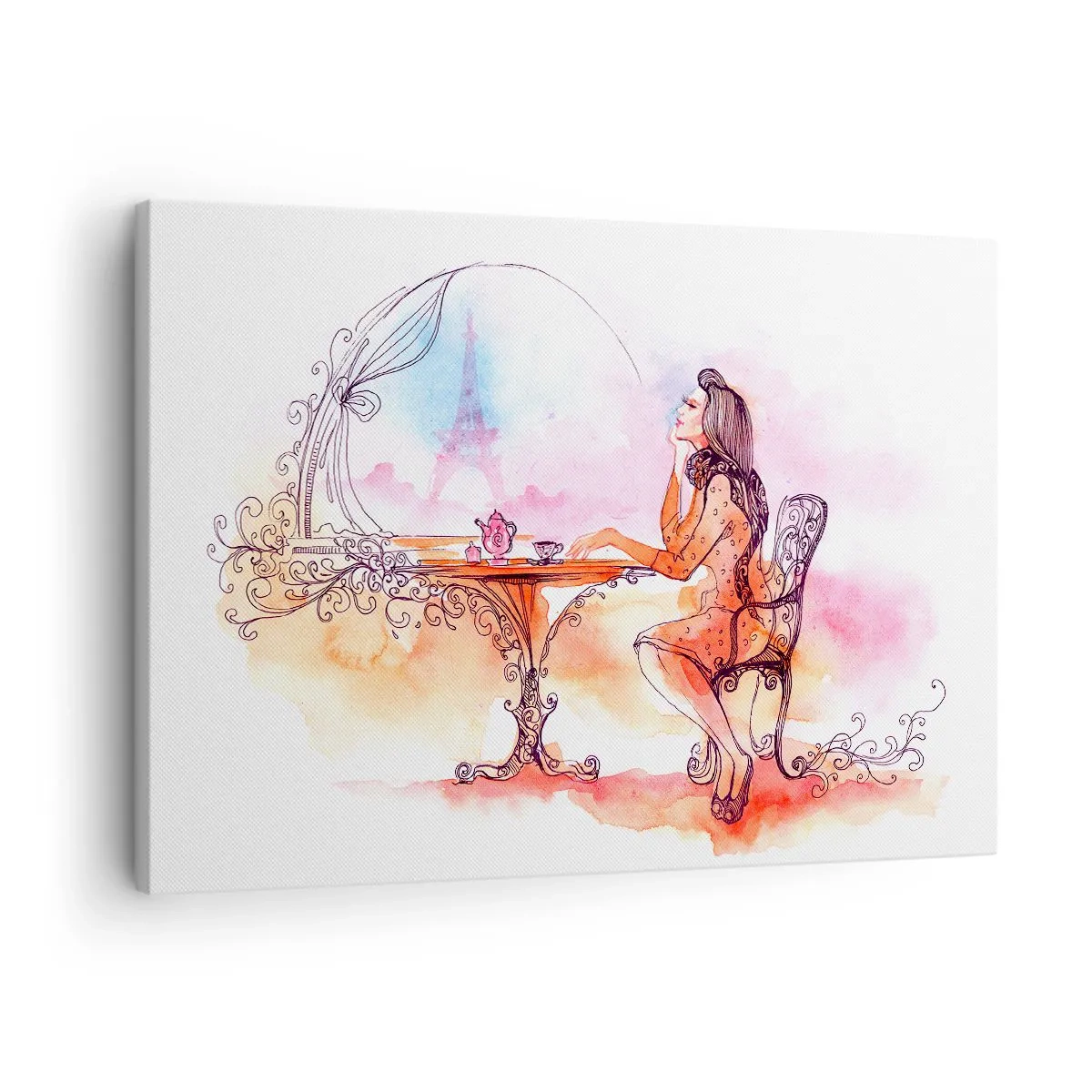 Impression sur toile - Image sur toile - Aquarelle romantique d'une femme dans un café surplombant une tour - 70x50cm - Le chic parisien - Décoration murale moderne pour le salon et la chambre ARTTOR