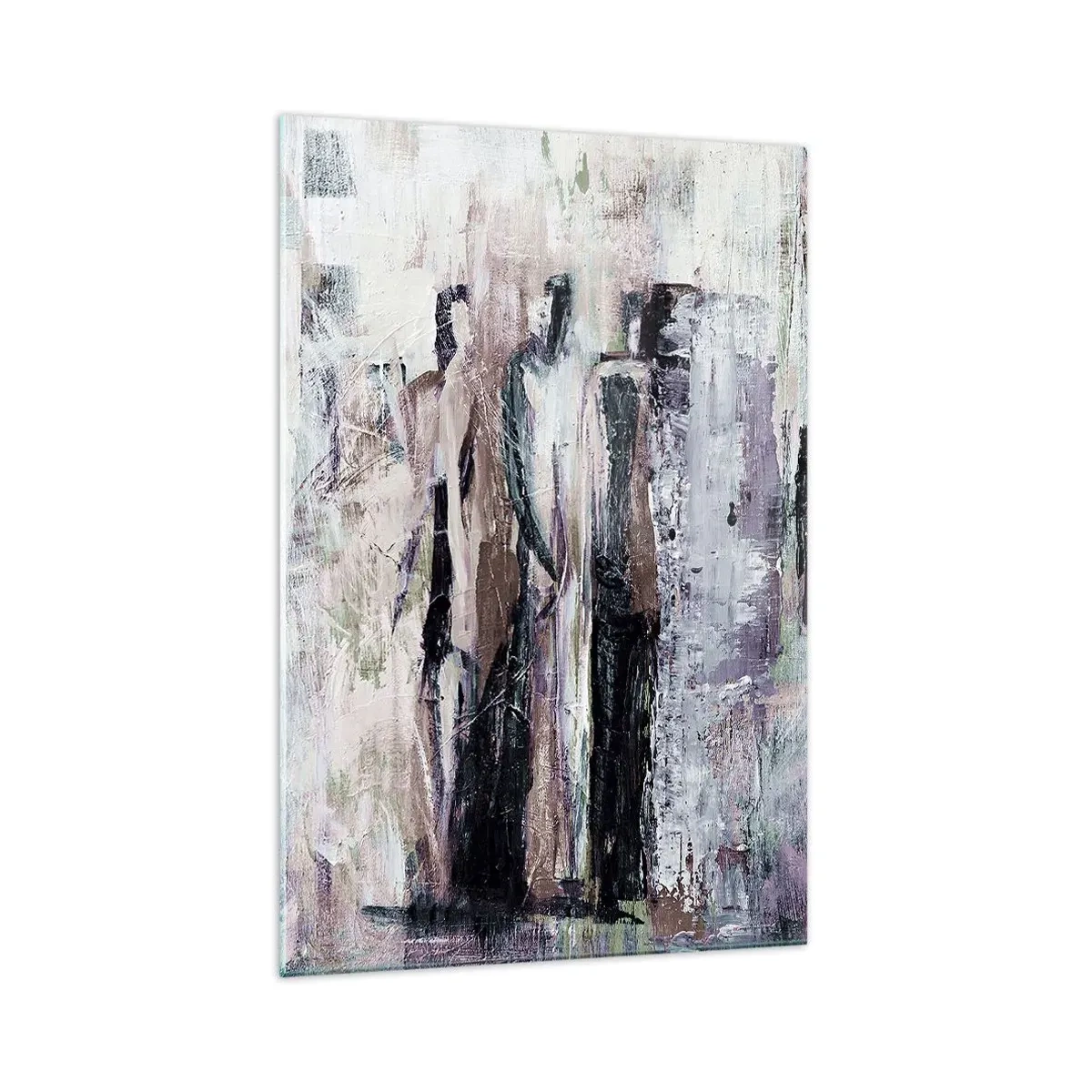 Impression sur verre - Image sur verre - Une composition abstraite avec trois personnages aux couleurs pastel. - 70x100cm - Les trois mystérieux - Décoration murale moderne pour le salon et la chambre ARTTOR