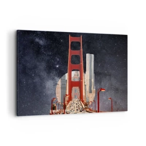 Impression sur toile - Image sur toile - Le Golden Gate Bridge avec la ville en arrière-plan contre un ciel étoilé - 100x70cm - Toujours au centre - Décoration murale moderne pour le salon et la chambre ARTTOR