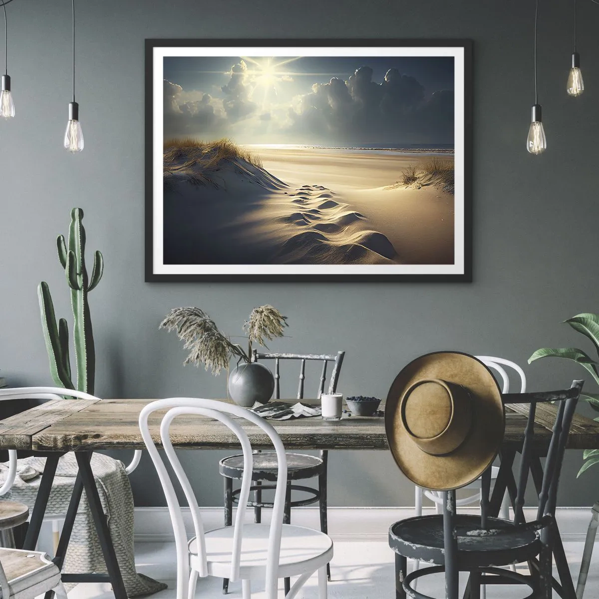 Affiche dans un cadre noir - Poster - Dunes dorées sur la plage au coucher du soleil avec vue sur la mer - 100x70cm - Un paysage apaisant - Décoration murale moderne pour le salon et la chambre ARTTOR