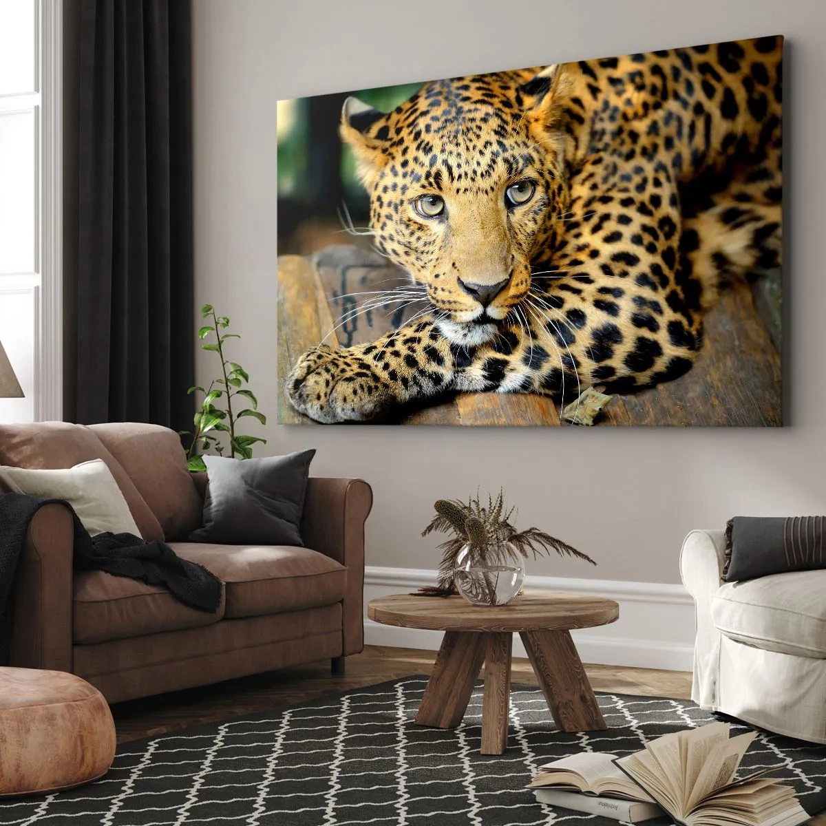 Impression sur toile - Image sur toile - Portrait d'un léopard dans son environnement naturel - 70x50cm - N'aie pas peur, viens - Décoration murale moderne pour le salon et la chambre ARTTOR