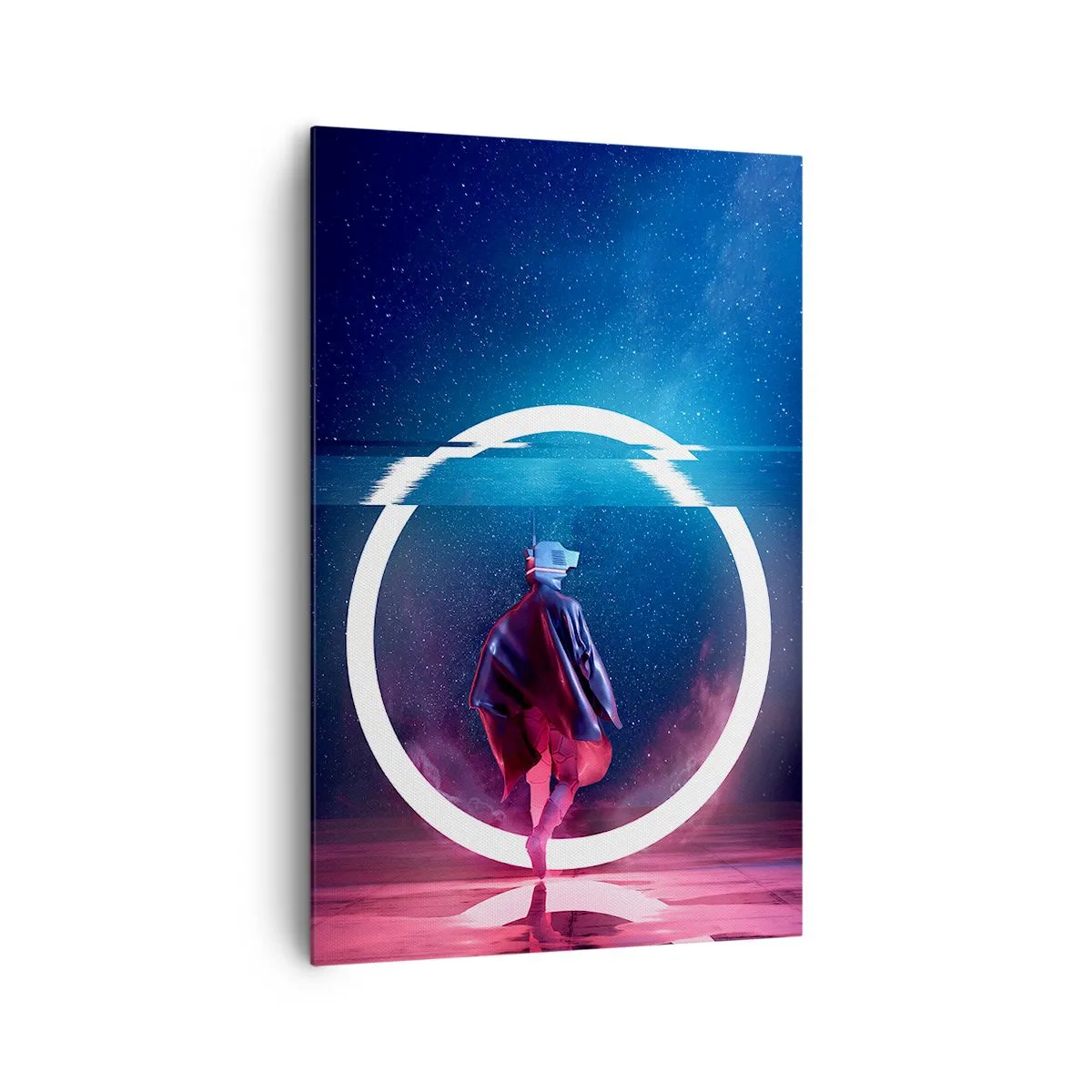 Impression sur toile - Image sur toile - Un personnage dans un environnement futuriste avec un cercle de néon - 80x120cm - Entre deux mondes - Décoration murale moderne pour le salon et la chambre ARTTOR