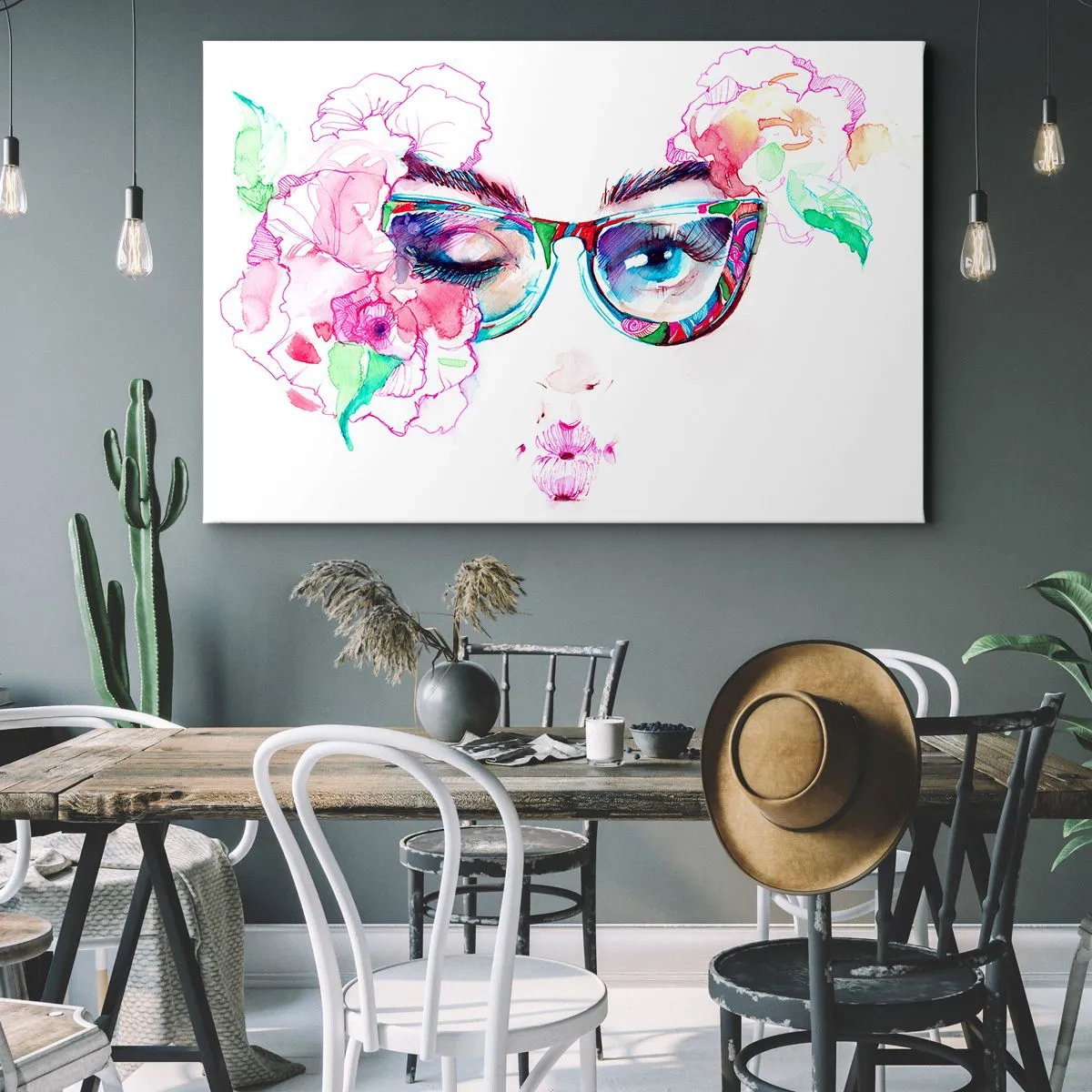 Impression sur toile - Image sur toile - Visage aquarelle avec des lunettes colorées et des fleurs - 70x50cm - Une promesse tentante - Décoration murale moderne pour le salon et la chambre ARTTOR