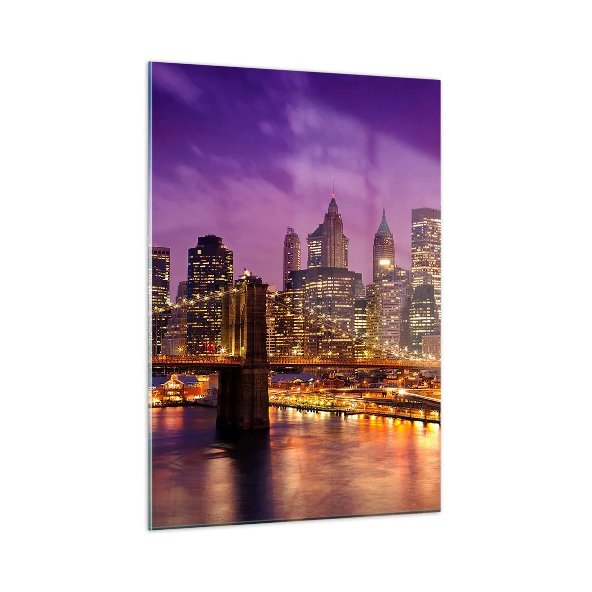 Impression sur verre - Image sur verre - Vue nocturne de New York avec le pont de Brooklyn - 50x70cm - Manhathann or violet - Décoration murale moderne pour le salon et la chambre ARTTOR