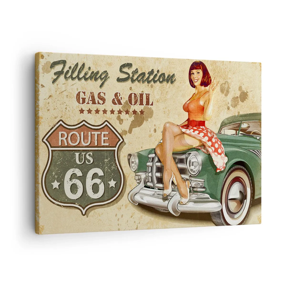 Impression sur toile - Image sur toile - Affiche rétro de la Route 66 avec une pin-up et une voiture - 70x50cm - Les superbes années 40. - Décoration murale moderne pour le salon et la chambre ARTTOR