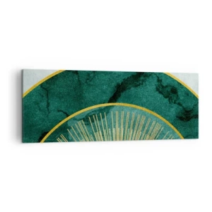 Impression sur toile - Image sur toile - Motif abstrait avec des cercles aux couleurs émeraude et or. - 140x50cm - Un autre système solaire - Décoration murale moderne pour le salon et la chambre ARTTOR