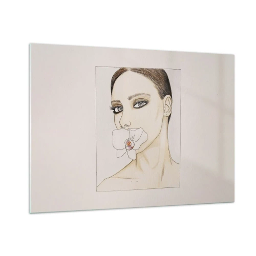 Impression sur verre - Image sur verre - Portrait d'une femme avec une orchidée dans la bouche sur un fond clair - 100x70cm - Symbole de l'élégance et de la beauté - Décoration murale moderne pour le salon et la chambre ARTTOR