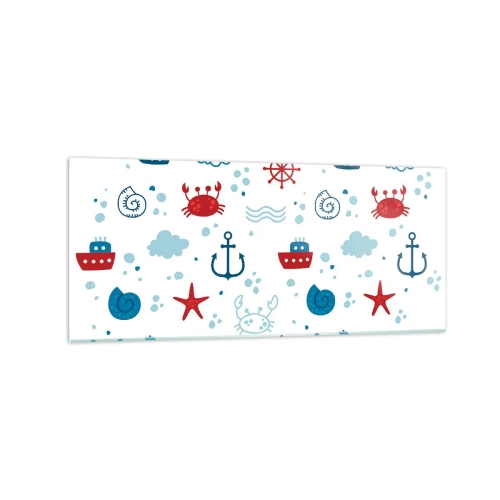 Impression sur verre - Image sur verre - Motif nautique avec ancres, navires et crabes - 120x50cm - Conte de fées de la mer - Décoration murale moderne pour le salon et la chambre ARTTOR