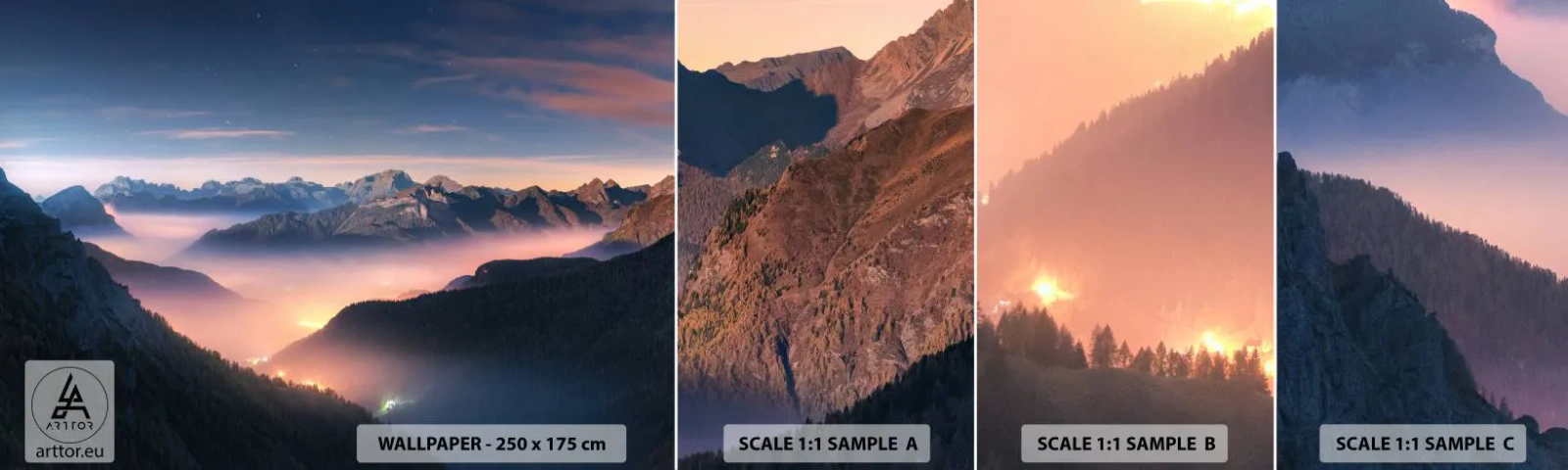 Échantillon De Papier Peint Standard Eco - Lumière dans les vallées - Paysage, Montagnes, Forêt - 100x30 cm