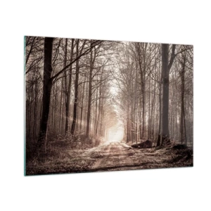 Impression sur verre - Image sur verre - Route forestière dans le brouillard matinal - 100x70cm - Cathédrale de la forêt - Décoration murale moderne pour le salon et la chambre ARTTOR