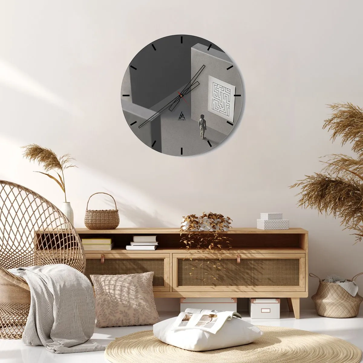 Horloge murale - Pendule murale - Une silhouette debout devant un labyrinthe sur un mur gris - 30x30cm - Mais où suis-je? - Décoration murale moderne pour le salon, la cuisine et la chambre ARTTOR
