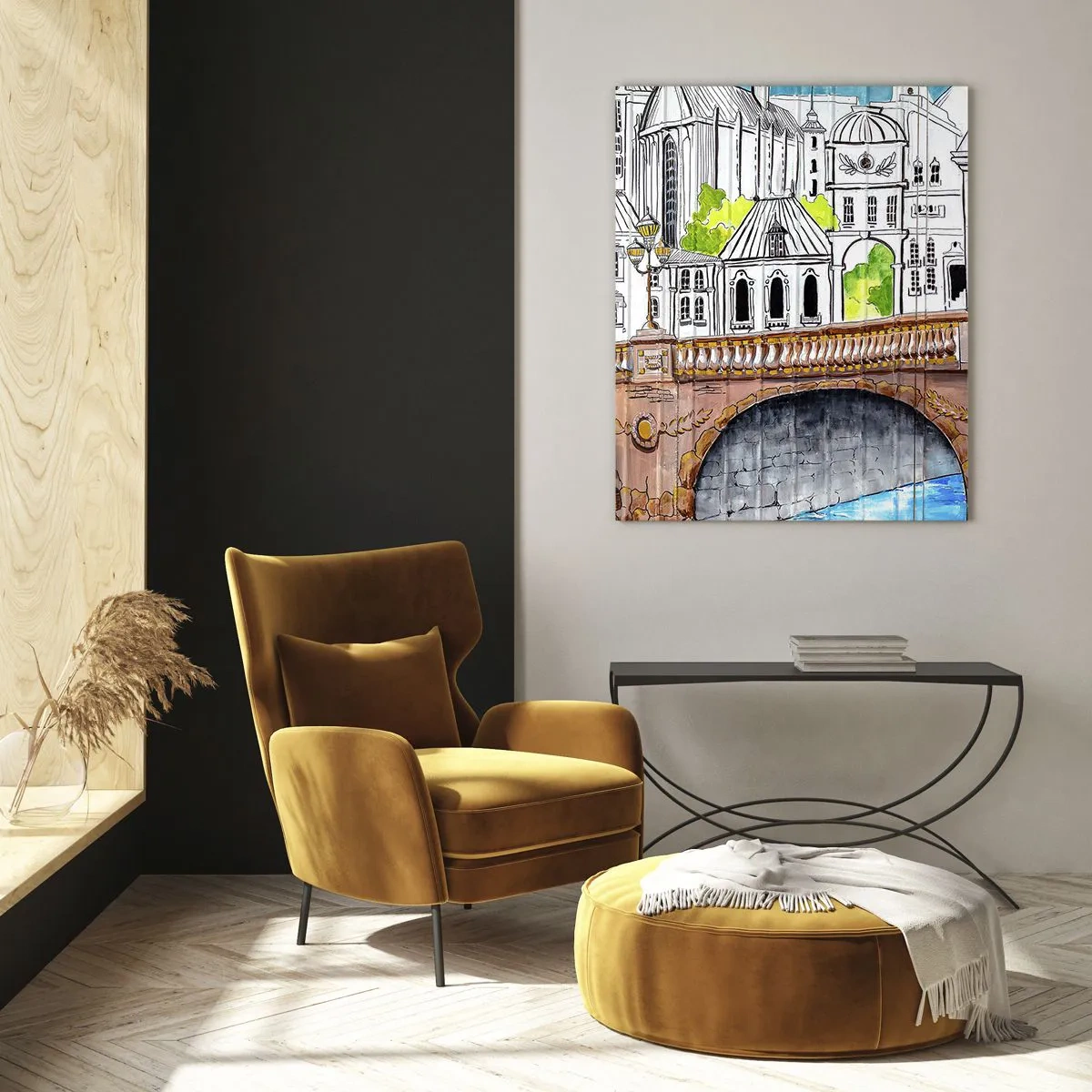 Impression sur verre - Image sur verre - Dessin du pont et de l'architecture urbaine historique - 80x120cm - Une ville comme peinte - Décoration murale moderne pour le salon et la chambre ARTTOR