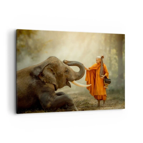 Impression sur toile - Image sur toile - Un moine et un éléphant en harmonie avec la nature en toile de fond - 100x70cm - Rencontre en voyageant - Décoration murale moderne pour le salon et la chambre ARTTOR