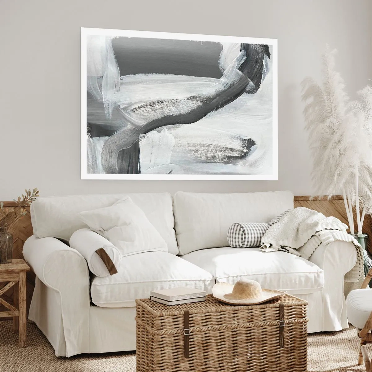 Affiche - Poster - Abstraction grise et blanche avec des lignes dynamiques - 100x70cm - Un geste décisif - Décoration murale moderne pour le salon et la chambre ARTTOR