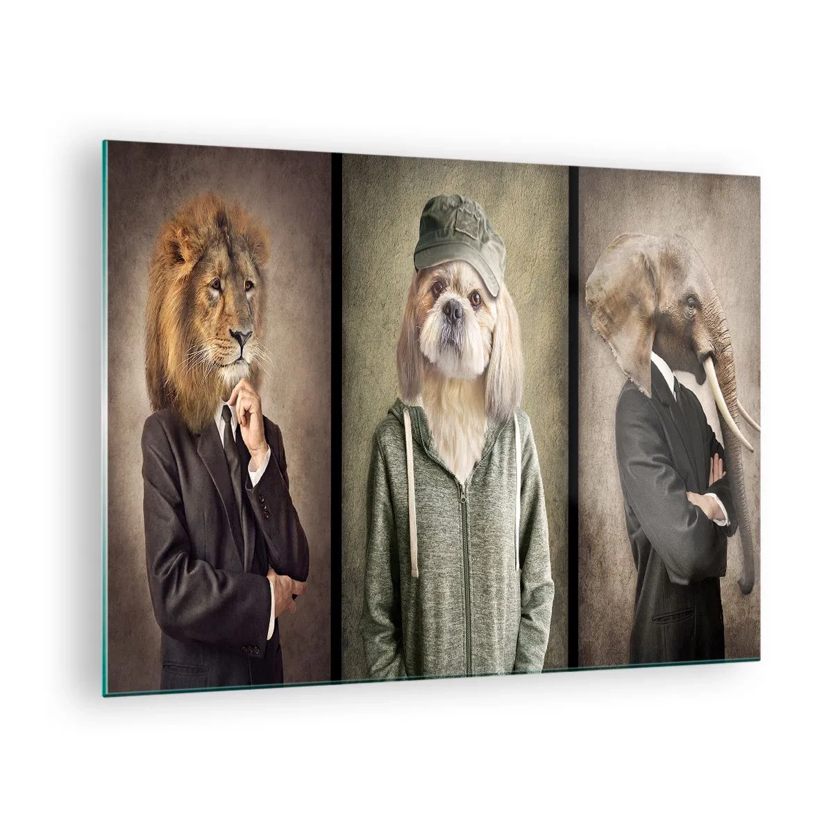 Impression sur verre - Image sur verre - Trois animaux aux styles variés, de l'élégant au décontracté - 70x50cm - je préfère plus détendu - Décoration murale moderne pour le salon et la chambre ARTTOR