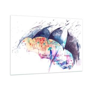 Impression sur verre - Image sur verre - Une ville colorée en arrière-plan sous un parapluie noir - 100x70cm - Se promener sous la pluie - Décoration murale moderne pour le salon et la chambre ARTTOR