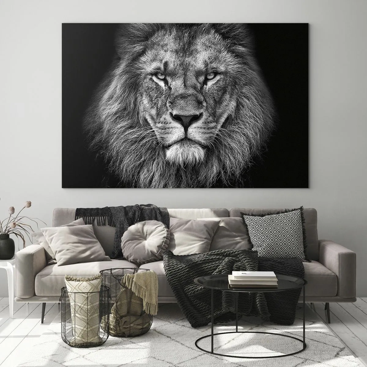Impression sur verre - Image sur verre - Portrait d'un lion en noir et blanc avec une crinière majestueuse - 120x80cm - En vêtement de sacre - Décoration murale moderne pour le salon et la chambre ARTTOR