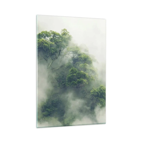 Impression sur verre - Image sur verre - Arbres verts dans un épais brouillard sur fond naturel - 80x120cm - Enveloppé de brouillard - Décoration murale moderne pour le salon et la chambre ARTTOR