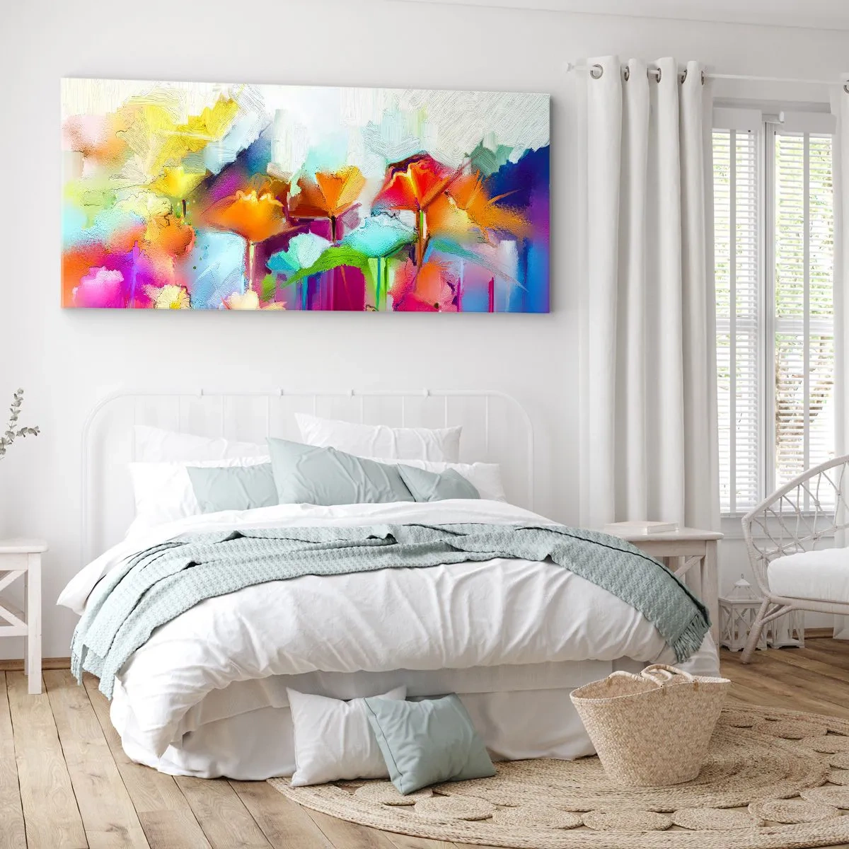 Impression sur toile - Image sur toile - Fleurs colorées abstraites sur fond clair - 160x50cm - L'arc-en-ciel s'est épanoui - Décoration murale moderne pour le salon et la chambre ARTTOR