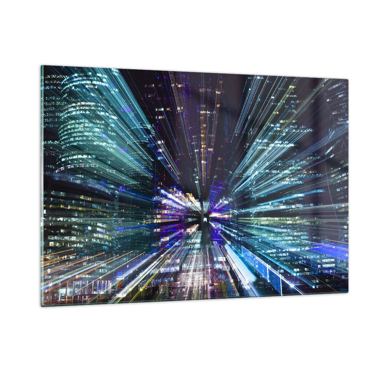 Impression sur verre - Image sur verre - Lignes lumineuses dynamiques sur fond de ville nocturne - 120x80cm - Transition vers l'hyperespace - Décoration murale moderne pour le salon et la chambre ARTTOR
