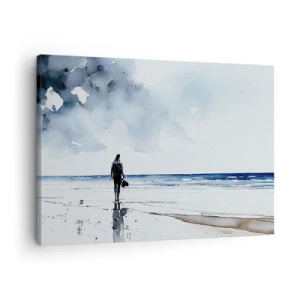Impression sur toile - Image sur toile - Une silhouette sur une plage dans un environnement marin calme - 70x50cm - Conversation avec la mer - Décoration murale moderne pour le salon et la chambre ARTTOR