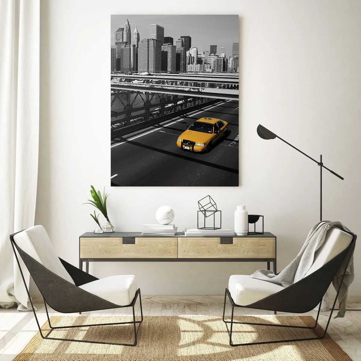 Impression sur verre - Image sur verre - Taxi jaune sur un pont avec vue sur les toits de New York - 70x100cm - Couleur de la grande ville - Décoration murale moderne pour le salon et la chambre ARTTOR