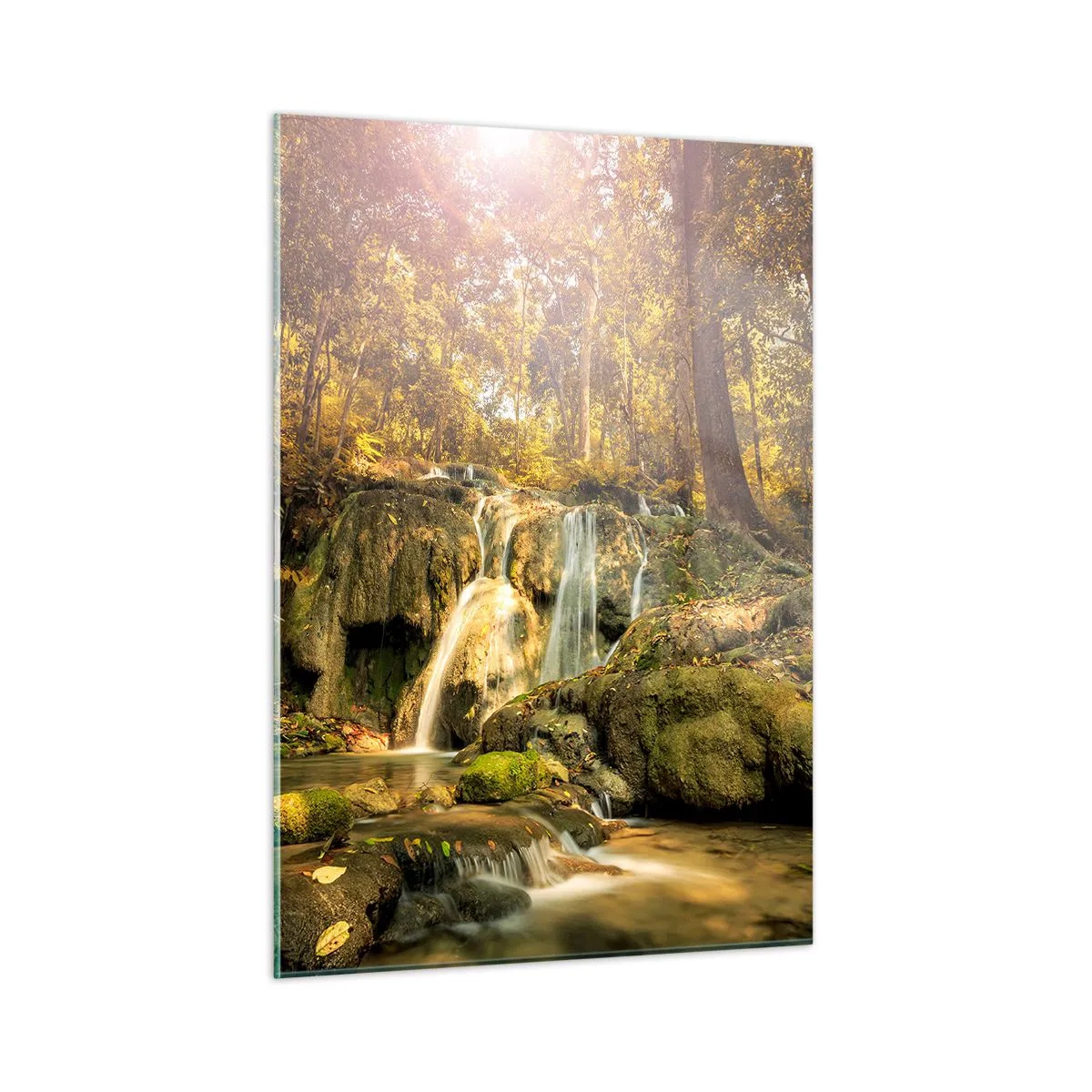 Impression sur verre - Image sur verre - Cascade forestière dans la verdure - 50x70cm - Cascade de forêt en vert - Décoration murale moderne pour le salon et la chambre ARTTOR
