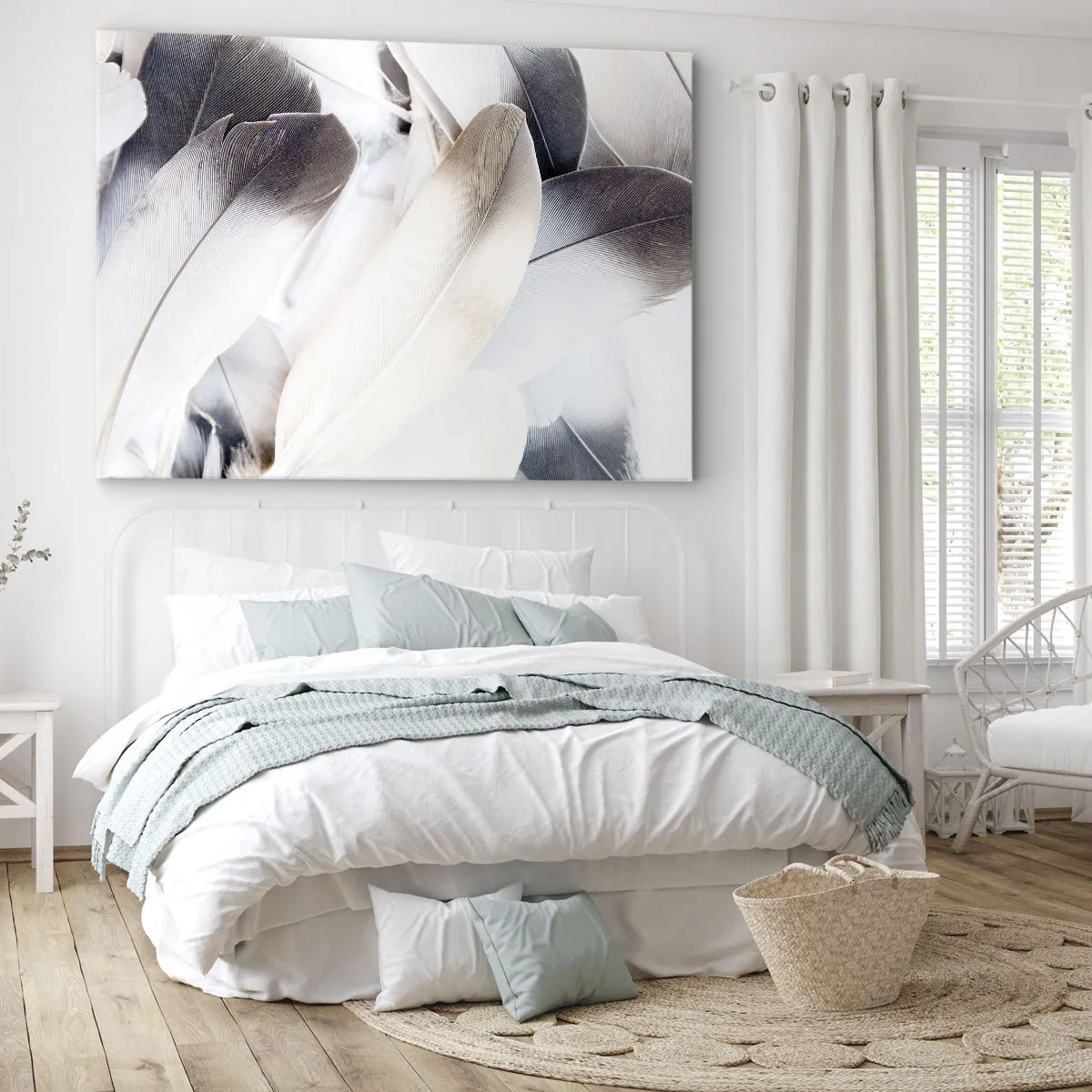 Impression sur toile - Image sur toile - Gros plan de plumes délicates dans des tons de blanc et de gris - 70x50cm - Presque angélique - Décoration murale moderne pour le salon et la chambre ARTTOR