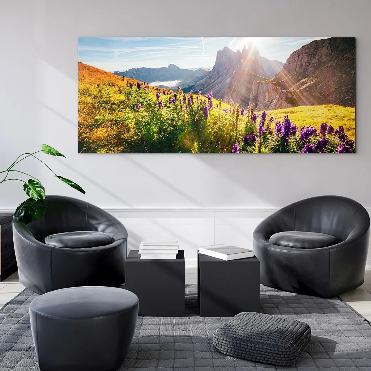 Impression sur verre - Image sur verre - Paysage de montagne avec des fleurs à la lumière du soleil levant - 160x50cm - La vie secrète des herbes - Décoration murale moderne pour le salon et la chambre ARTTOR