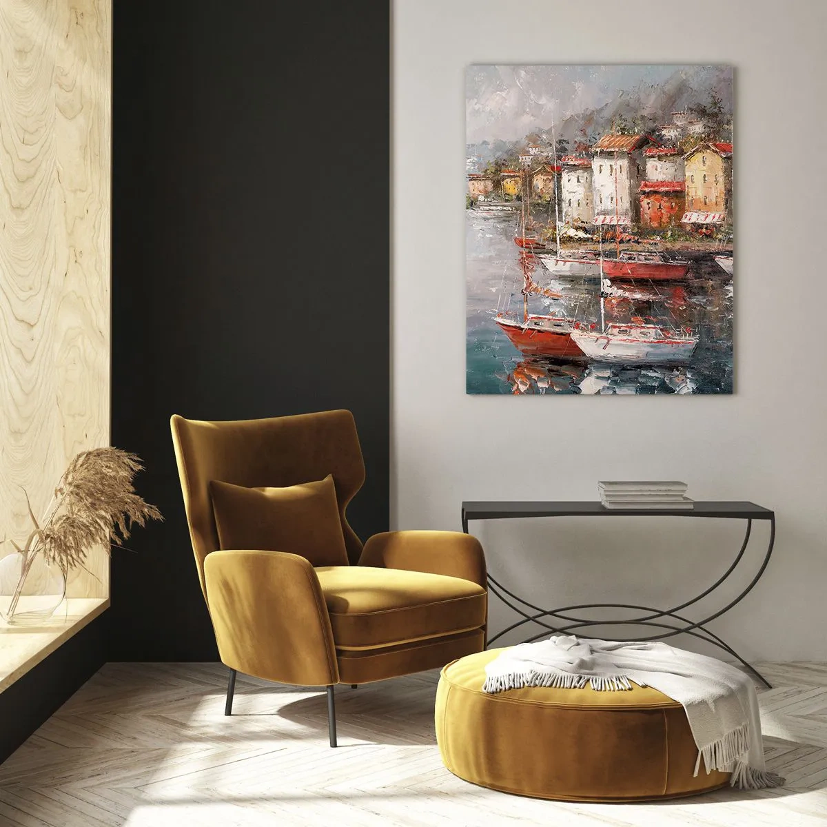 Impression sur verre - Image sur verre - Un port pittoresque avec des voiliers et des maisons colorées - 50x70cm - Havre romantique - Décoration murale moderne pour le salon et la chambre ARTTOR