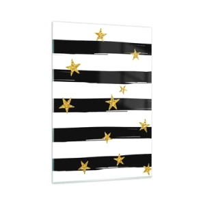 Impression sur verre - Image sur verre - Rayures noires et blanches avec étoiles dorées - 80x120cm - Nous sommes tous nés sous une bonne étoile - Décoration murale moderne pour le salon et la chambre ARTTOR
