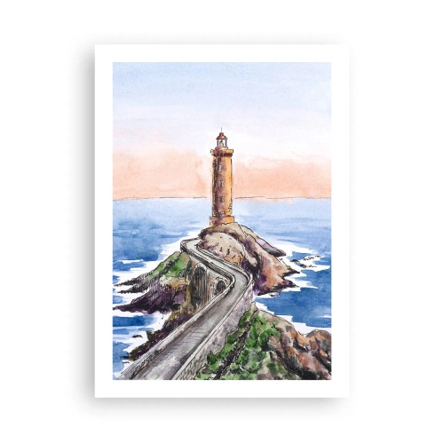 Affiche - Poster - Illustration à l'aquarelle d'un phare sur une côte rocheuse - 50x70cm - Face à la mer - Décoration murale moderne pour le salon et la chambre ARTTOR