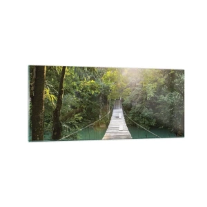 Impression sur verre - Image sur verre - Un pont suspendu dans une forêt tropicale illuminée par la lumière du soleil. - 120x50cm - De l'eau azur à la forêt azur - Décoration murale moderne pour le salon et la chambre ARTTOR