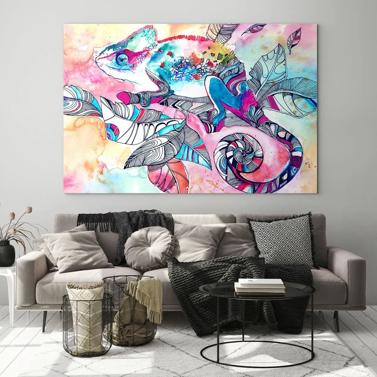 Impression sur verre - Image sur verre - Caméléon coloré parmi les feuilles dans un style aquarelle - 120x80cm - Aussi coloré que notre monde - Décoration murale moderne pour le salon et la chambre ARTTOR