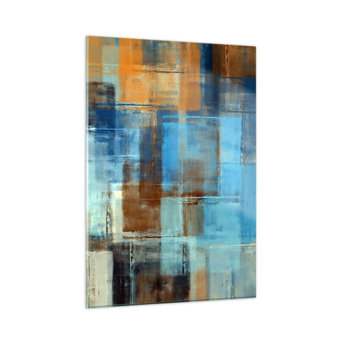 Impression sur verre - Image sur verre - Composition géométrique abstraite dans les tons de bleu et de marron - 50x70cm - A travers le voile bleu - Décoration murale moderne pour le salon et la chambre ARTTOR