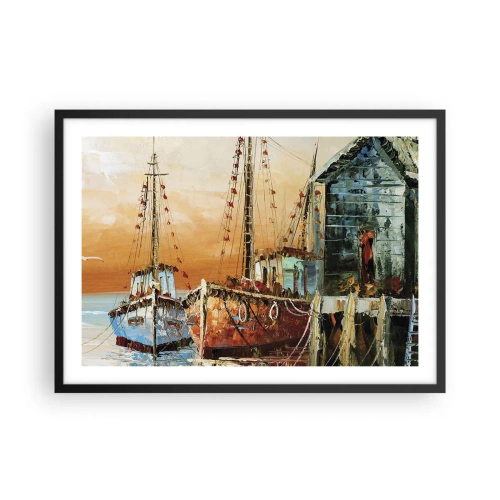 Affiche dans un cadre noir - Poster - Bateaux sur le rivage dans la chaude lumière du coucher de soleil - 70x50cm - Retour tranquille - Décoration murale moderne pour le salon et la chambre ARTTOR