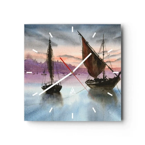 Horloge murale - Pendule murale - Deux voiliers amarrés sur une eau calme au crépuscule - 30x30cm - Soirée au port - Décoration murale moderne pour le salon et la chambre ARTTOR