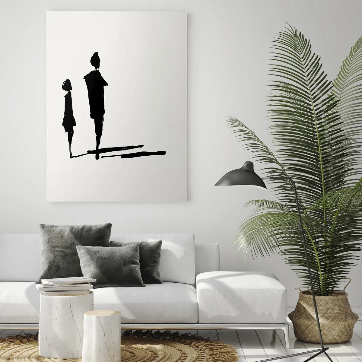 Impression sur verre - Image sur verre - Silhouettes noires de deux personnages avec des ombres sur un fond clair - 50x70cm - Êtes-vous sûr qu'ils sont ensemble ? - Décoration murale moderne pour le salon et la chambre ARTTOR