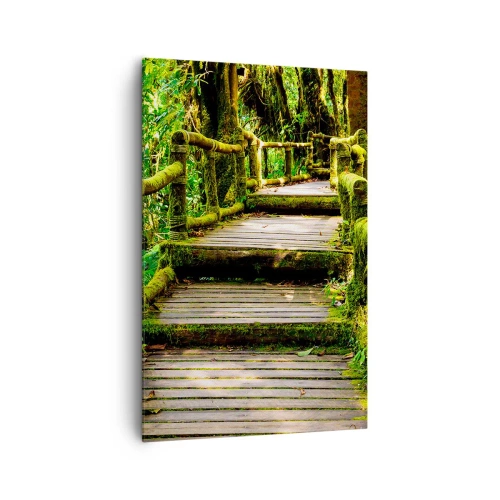 Impression sur toile - Image sur toile - Un pont en bois recouvert de mousse dans une forêt tropicale - 80x120cm - Un couloir de verdure - Décoration murale moderne pour le salon et la chambre ARTTOR