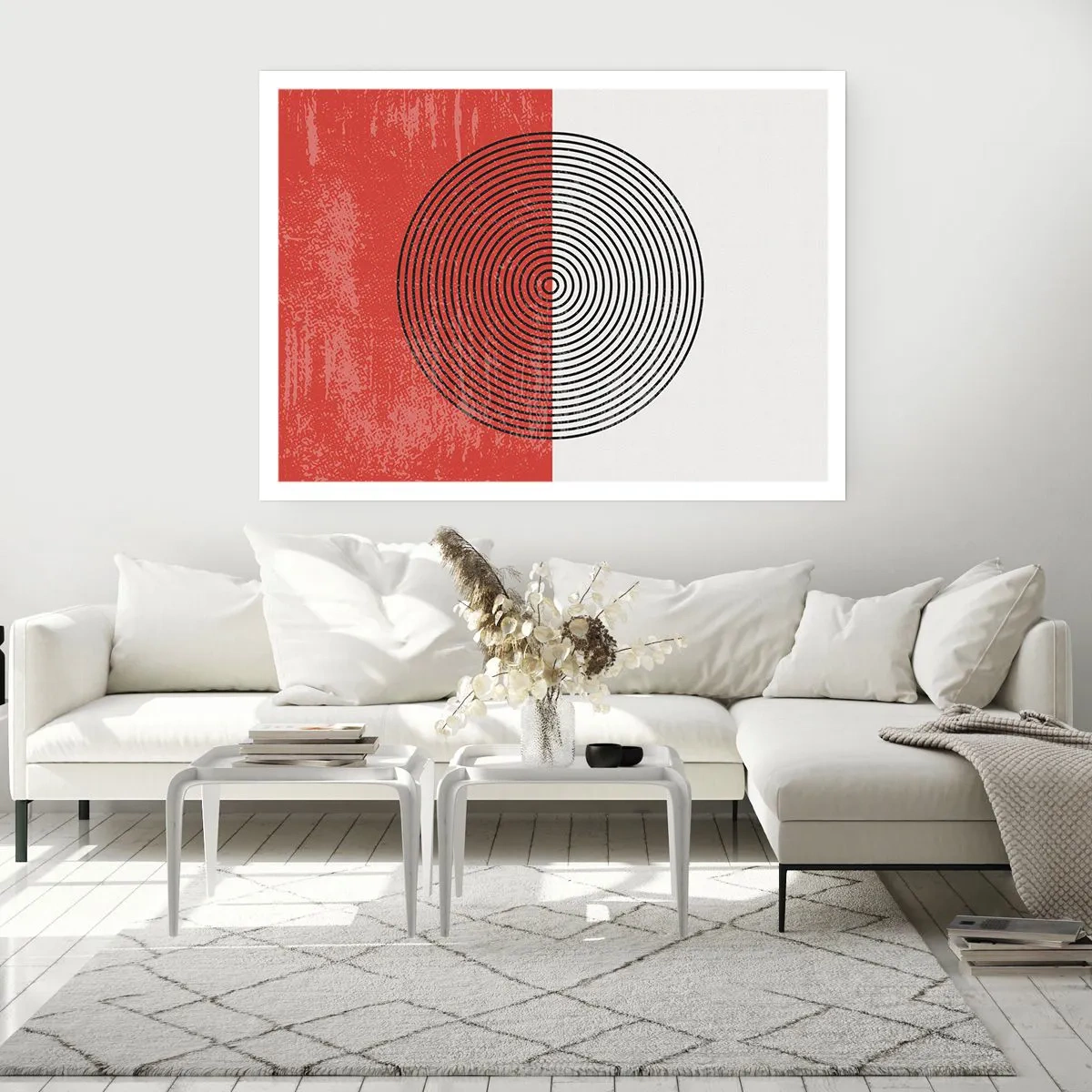 Affiche - Poster - Motif géométrique avec des cercles concentriques sur un fond rouge et blanc - 100x70cm - Dans le mille - Décoration murale moderne pour le salon et la chambre ARTTOR