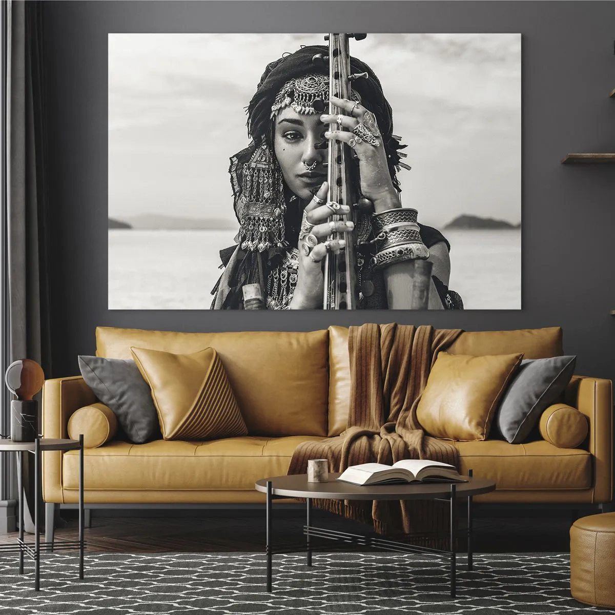 Impression sur verre - Image sur verre - Femme en bijoux orientaux avec un instrument - 100x70cm - Musique de l'Orient elle-même - Décoration murale moderne pour le salon et la chambre ARTTOR