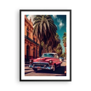 Affiche dans un cadre noir - Poster - Une voiture classique avec en toile de fond une ville tropicale - 50x70cm - Toujours à La Havane - Décoration murale moderne pour le salon et la chambre ARTTOR