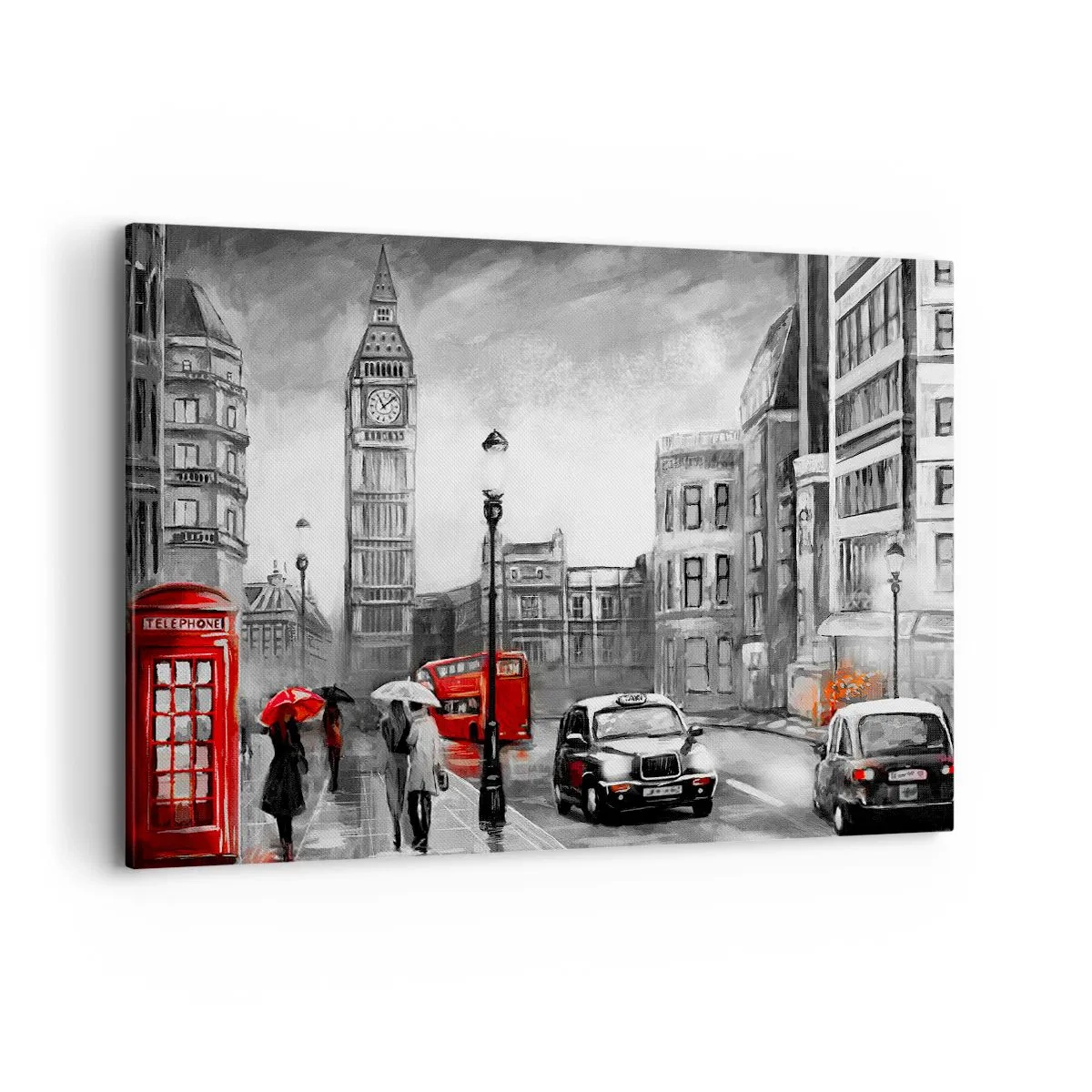 Impression sur toile - Image sur toile - Une scène londonienne en noir et blanc avec des accents rouges - 100x70cm - Pas du tout une ville grise - Décoration murale moderne pour le salon et la chambre ARTTOR
